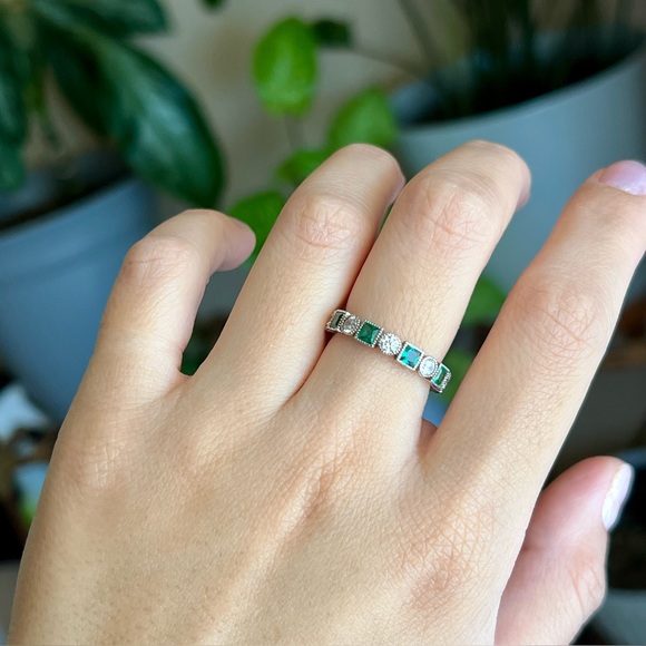 Eternity Sterling Silver Band w/ Green & White Cubic Zirconias - Picture 2 of 7